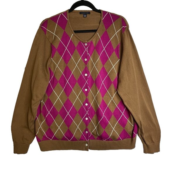 Womens Lands End Brown Pink Argyle Cardigan Sweater 2X Academia Preppy Grandpa - Picture 1 of 11